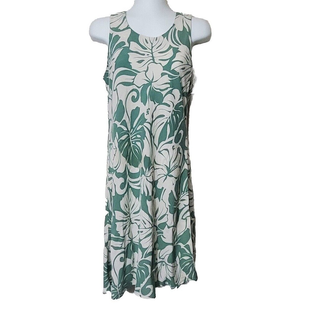 Paradise Bay Dress Small Green Ivory Floral Palm Lightweight Sleeveless Sheath